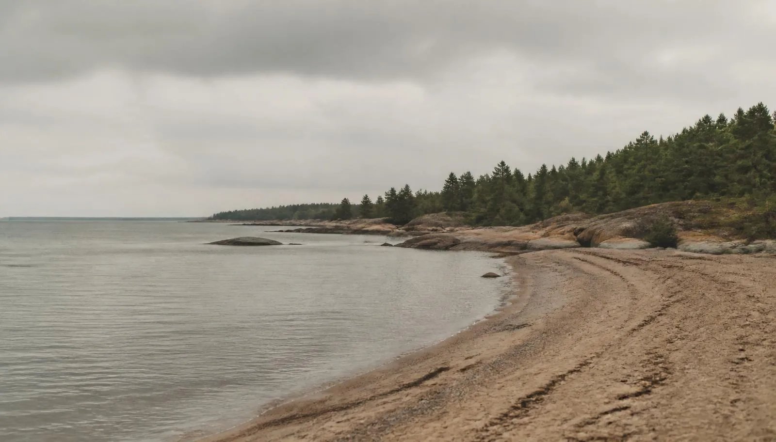 Stillsamt kustlandskap med sandstrand, klippor och tallskog i Hälsingland